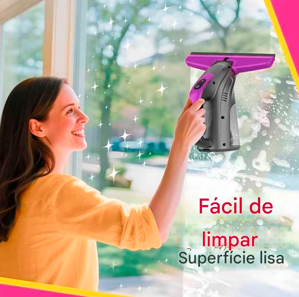 Mulher utilizando o limpador elétrico em uma janela